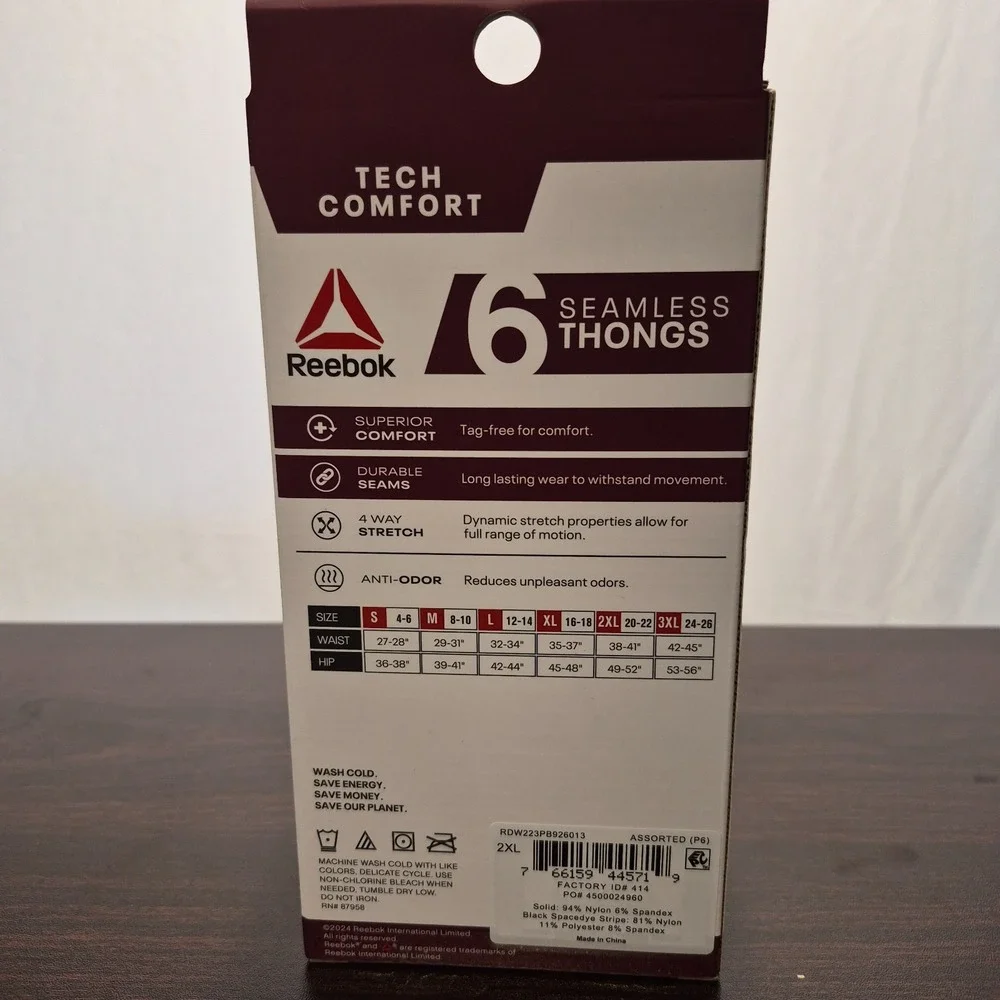 6‎ Reebok Tech Comfort Seamless Thong Size 2XL Anti-Microbial/Anti-Odor WP119